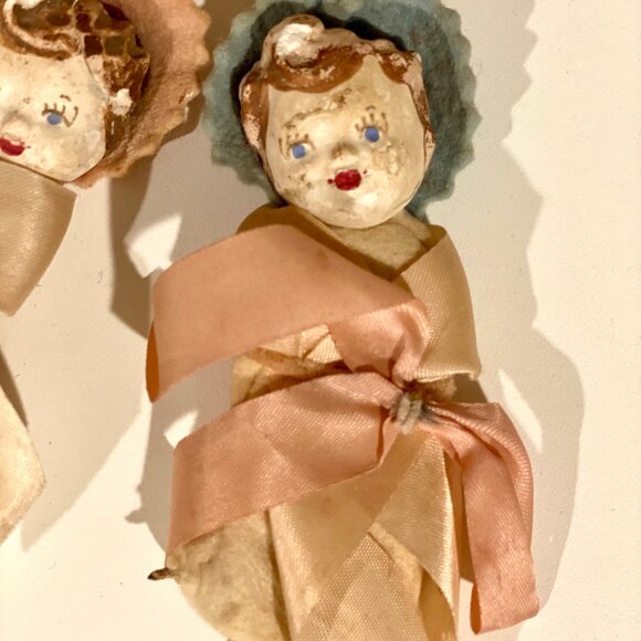 Vintage Set of 2 Baby Dolls - Painted Plaster Faces & Ribbon/Felt Wrapped Bodies - Picture 3 of 6